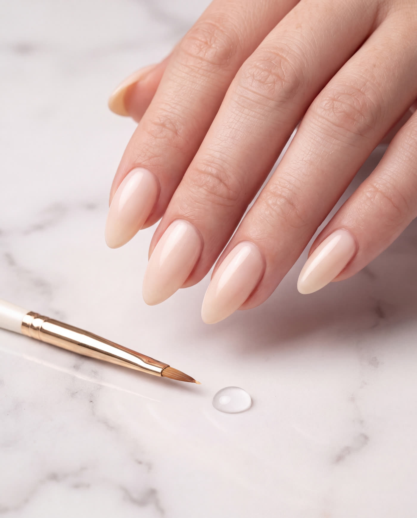 Sculpted acrylic gel extensions in soft blush nude with a glossy champagne sheen