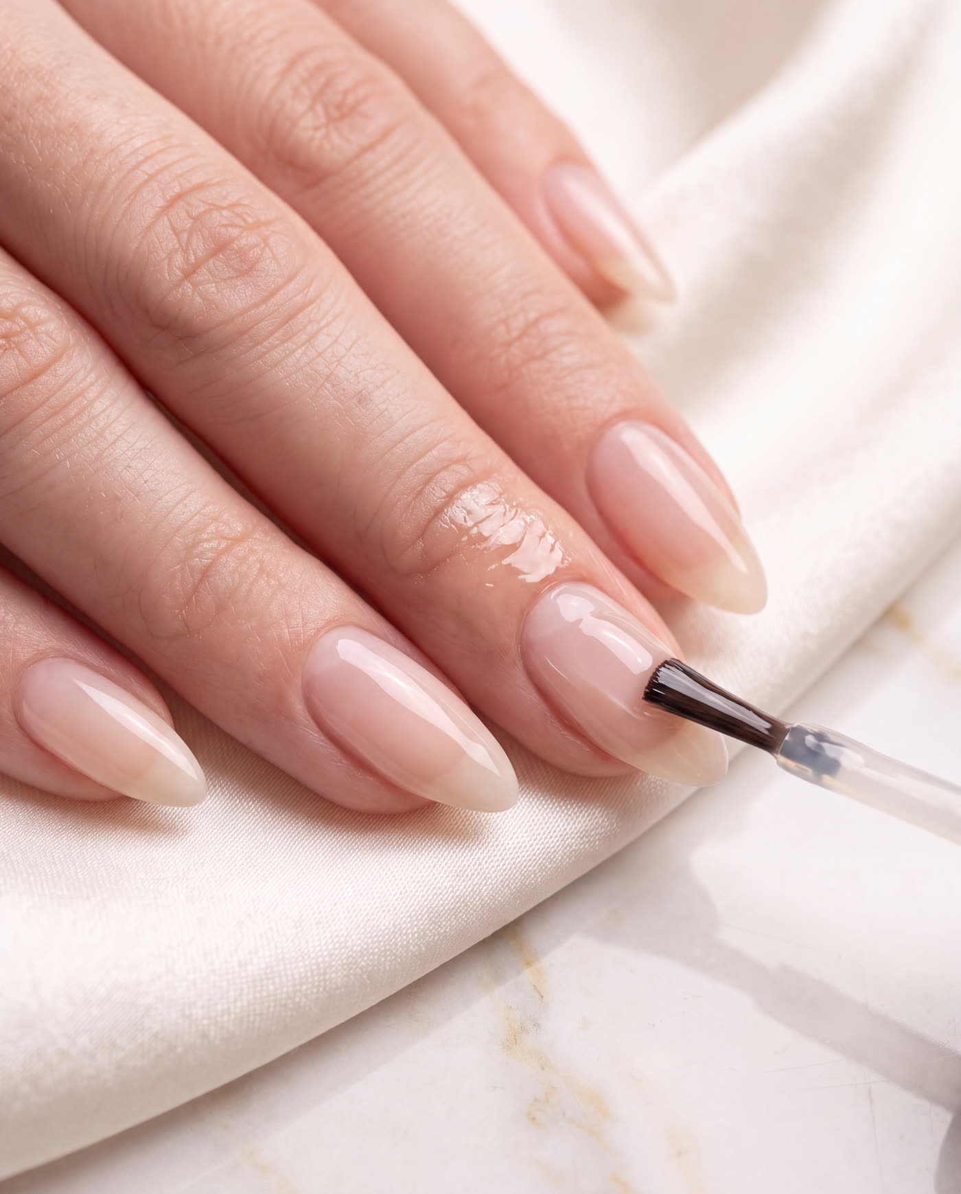 Natural almond nails with a glassy strengthening overlay, mid application