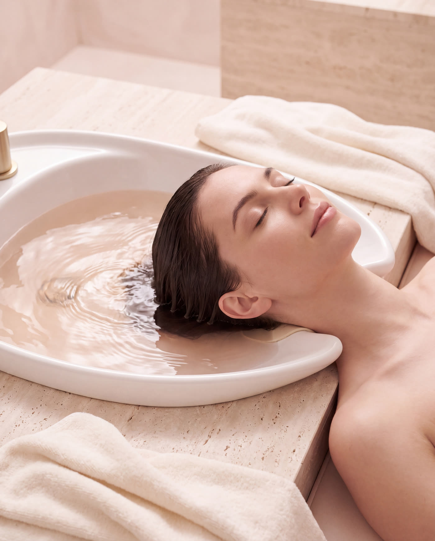 Relaxed head spa treatment in a white ceramic basin with warm water