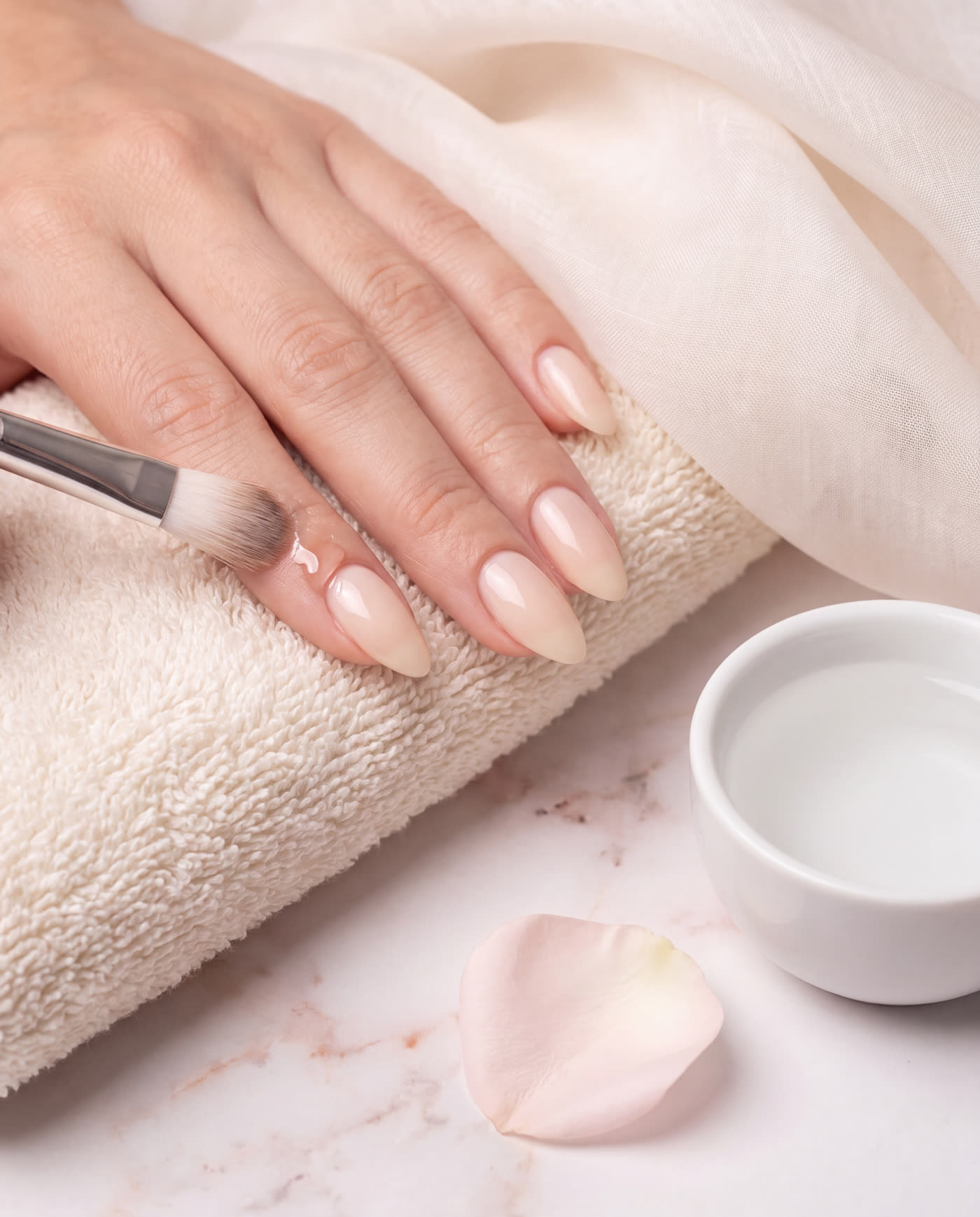 Manicure care moment with a cuticle brush and nourishing oil