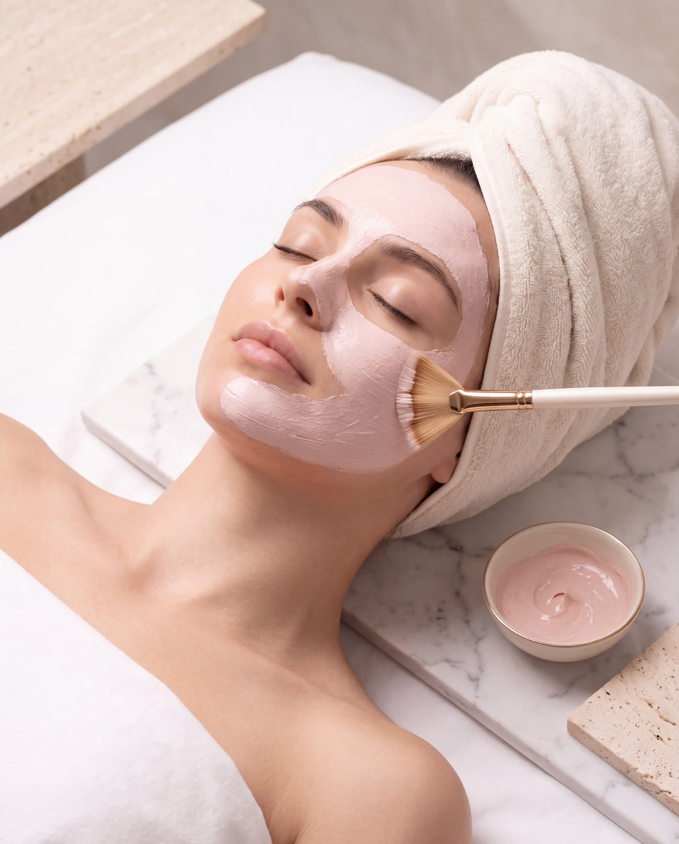 Serene facial treatment with a soft brush applying a pale pink mask