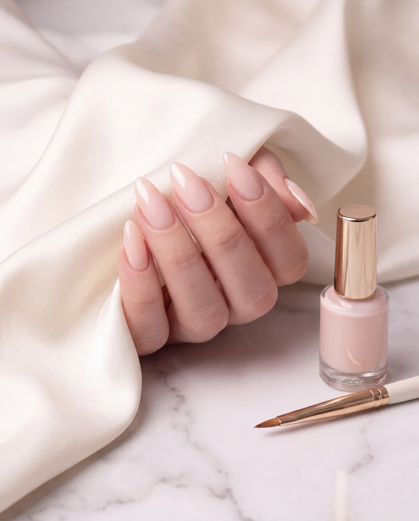 High-shine shellac gel polish in milky pink with a mirror finish