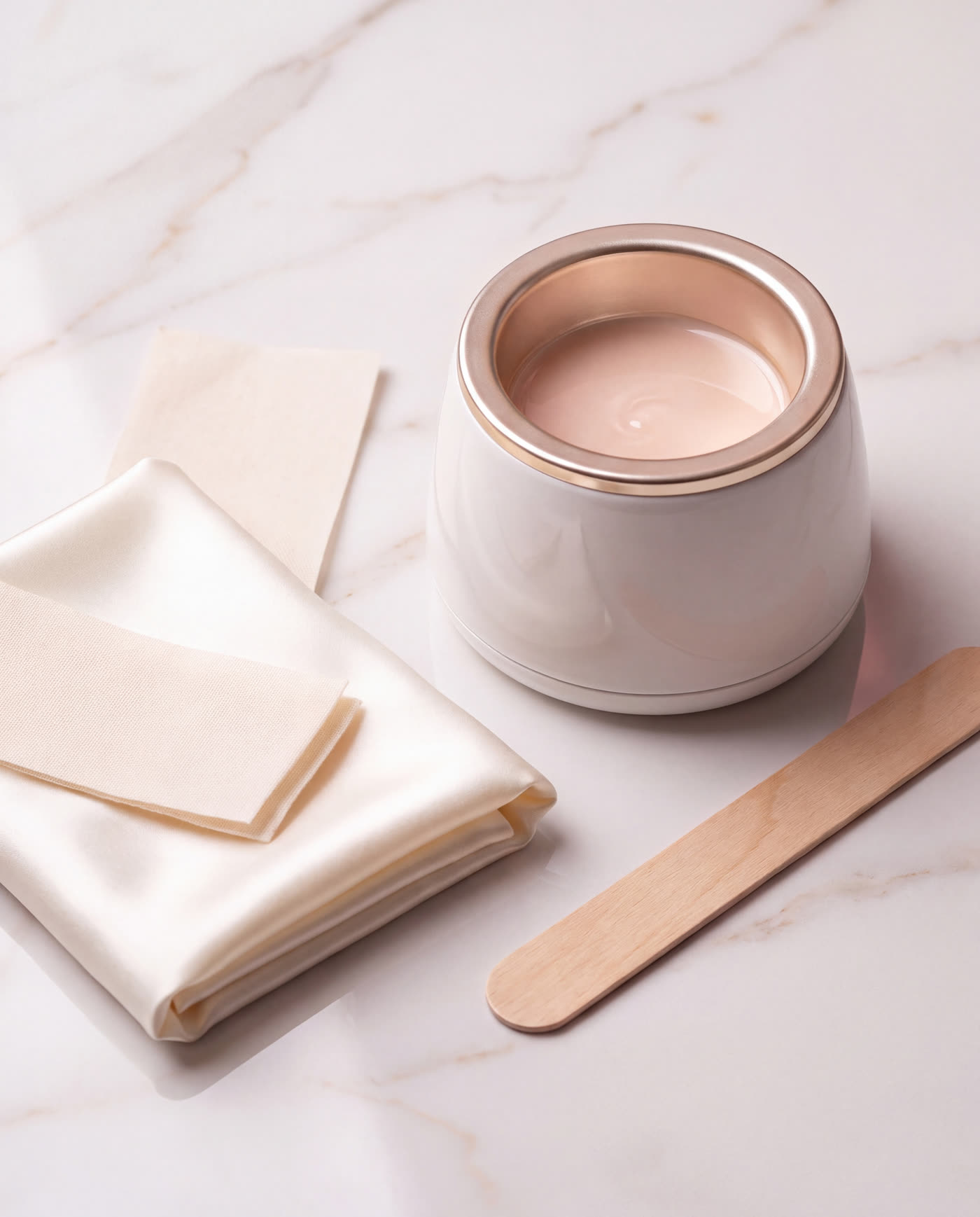 Spotless waxing still life with a warm wax warmer, spatula and ivory towels